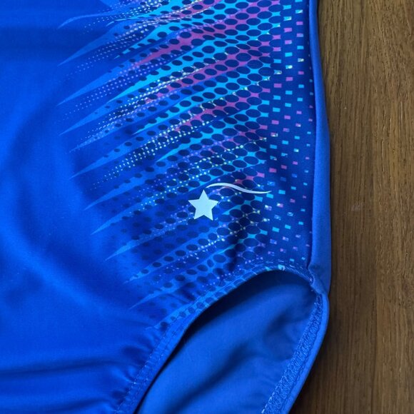 DESTIRA Blue Gymnastics Leotard Girls CM 8 Gym Leo Purple Pink Yellow Accents - Picture 3 of 6